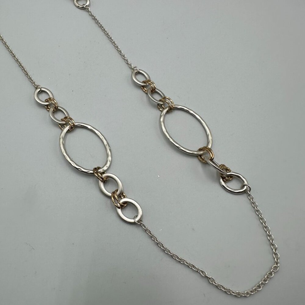 3/$30 NY Collection Two Tone Oval Link Necklace Silver Gold Hammered Chain 34"